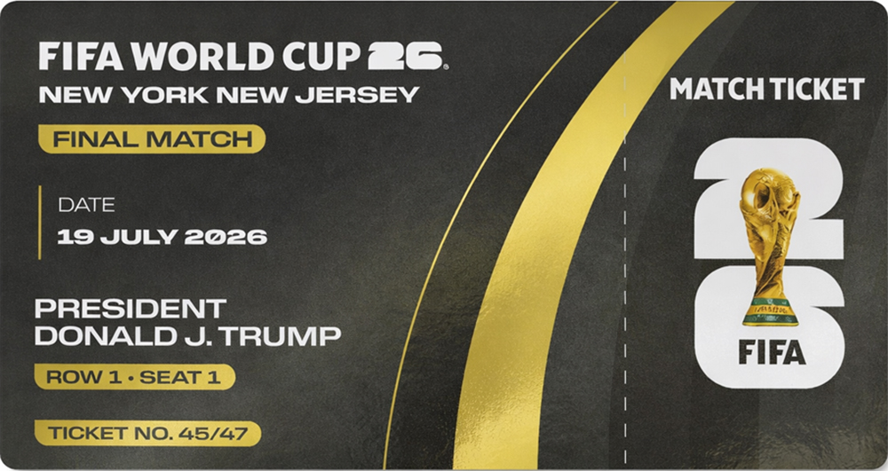 Beispiel für ein WM-Finalticket auf den Namen von Präsident Donald J. Trump